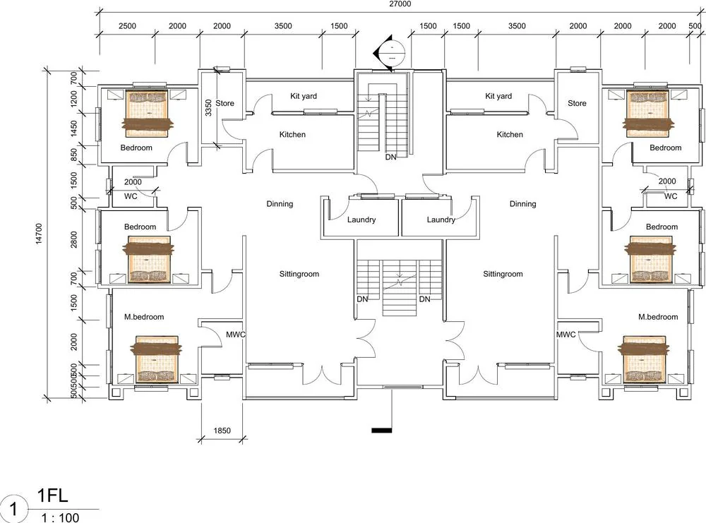First-floor plan of a two-storey apartment building