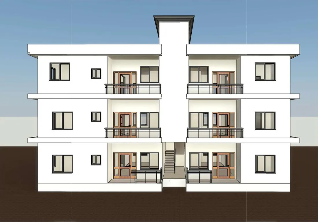 Front elevation of a three-storey apartment block