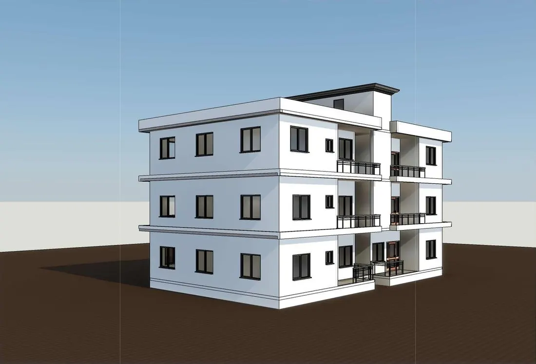 Three-storey apartment block, corner view